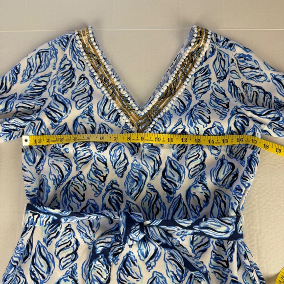 Lilly Pulitzer Resort White Kailen Top Drop In Blue Shells Embellished Tie Waist - Picture 12 of 13